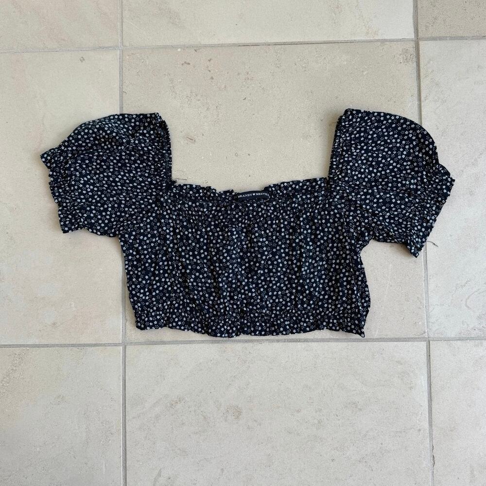 Brandy Melville Black White Floral Puff Sleeve Smocked Crop Top One Size